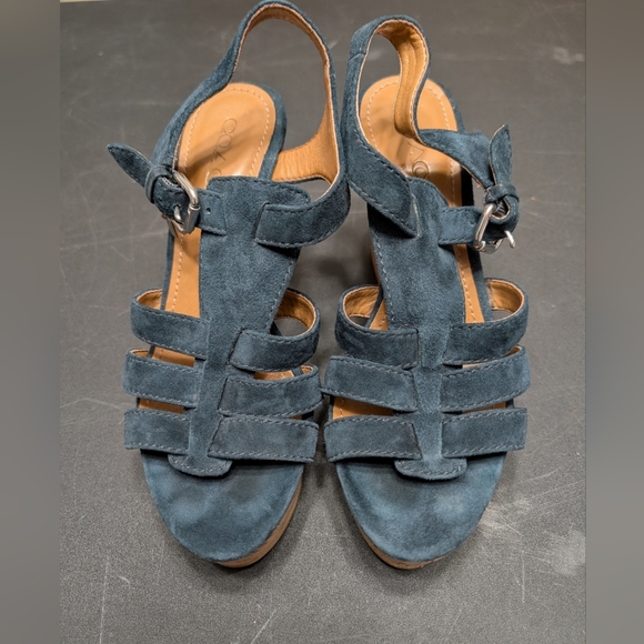Coach Navy Blue Suede Kennedy Cork Wedge Heel Open Toe Ankle Strap Sandals 7.5B - Picture 3 of 11